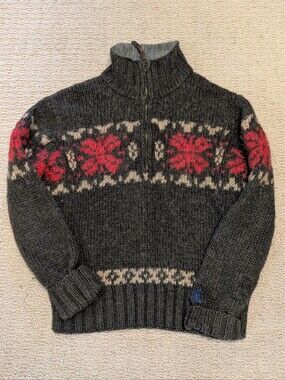 American Eagle Men’s L Gray Wool Half‑Zip Sweater Red Beige Nordic Winter Knit